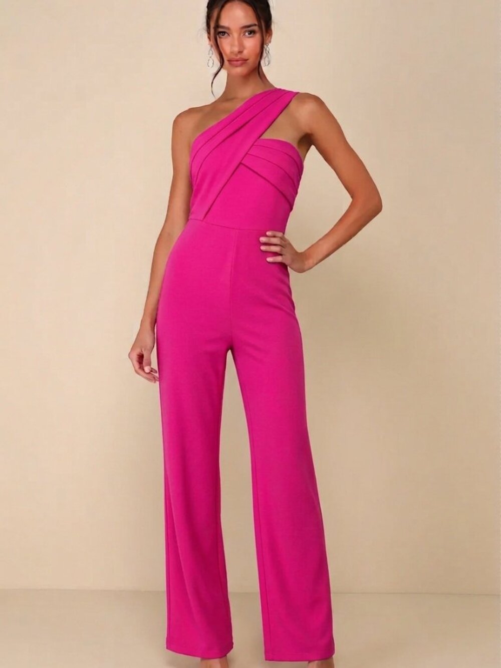 Lulus Devoted To Fun One-Shoulder Sleeveless Jumpsuit - Fuchsia - Size Medium